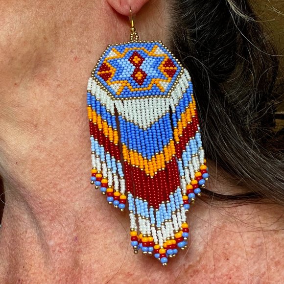 Aztec Style Artisan Beaded Earrings Southwest Long Fringe Tassel Dangle Drops - Picture 2 of 7